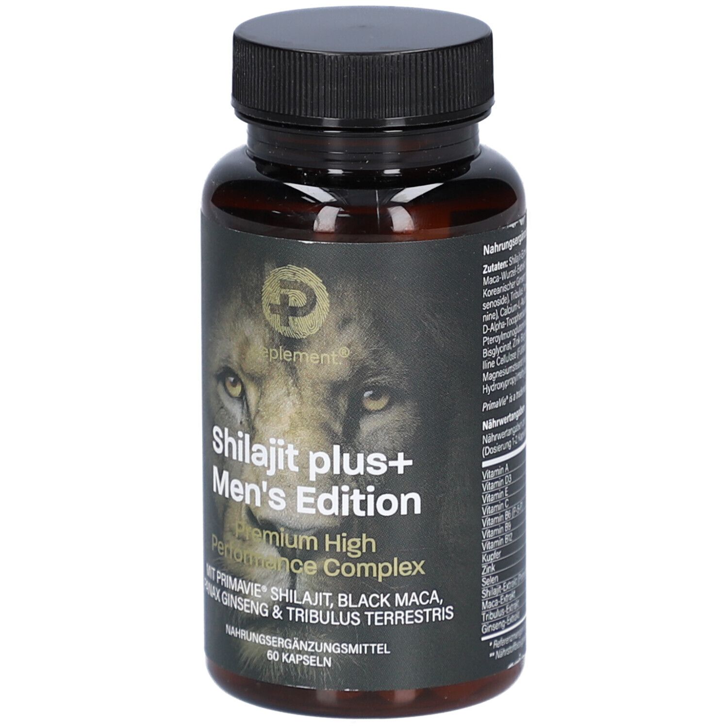 Braune Flasche mit schwarzem Deckel. Aufschrift: Shilajit plus+ Men's Edition. 60 Kapseln. Detailansicht.