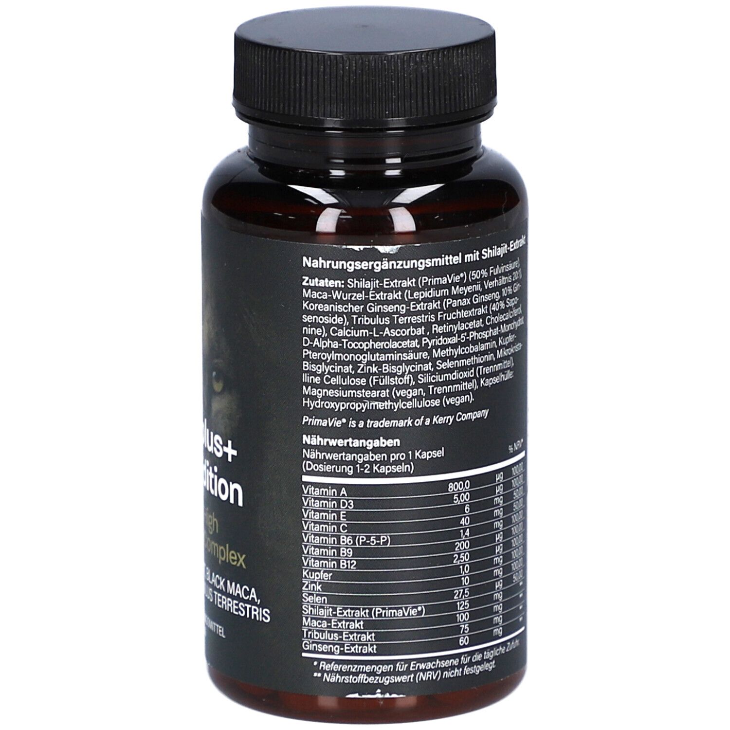 Rückseite der Flasche. Auflistung der Inhaltsstoffe und Nährwertangaben. Braune Kapseln sichtbar.