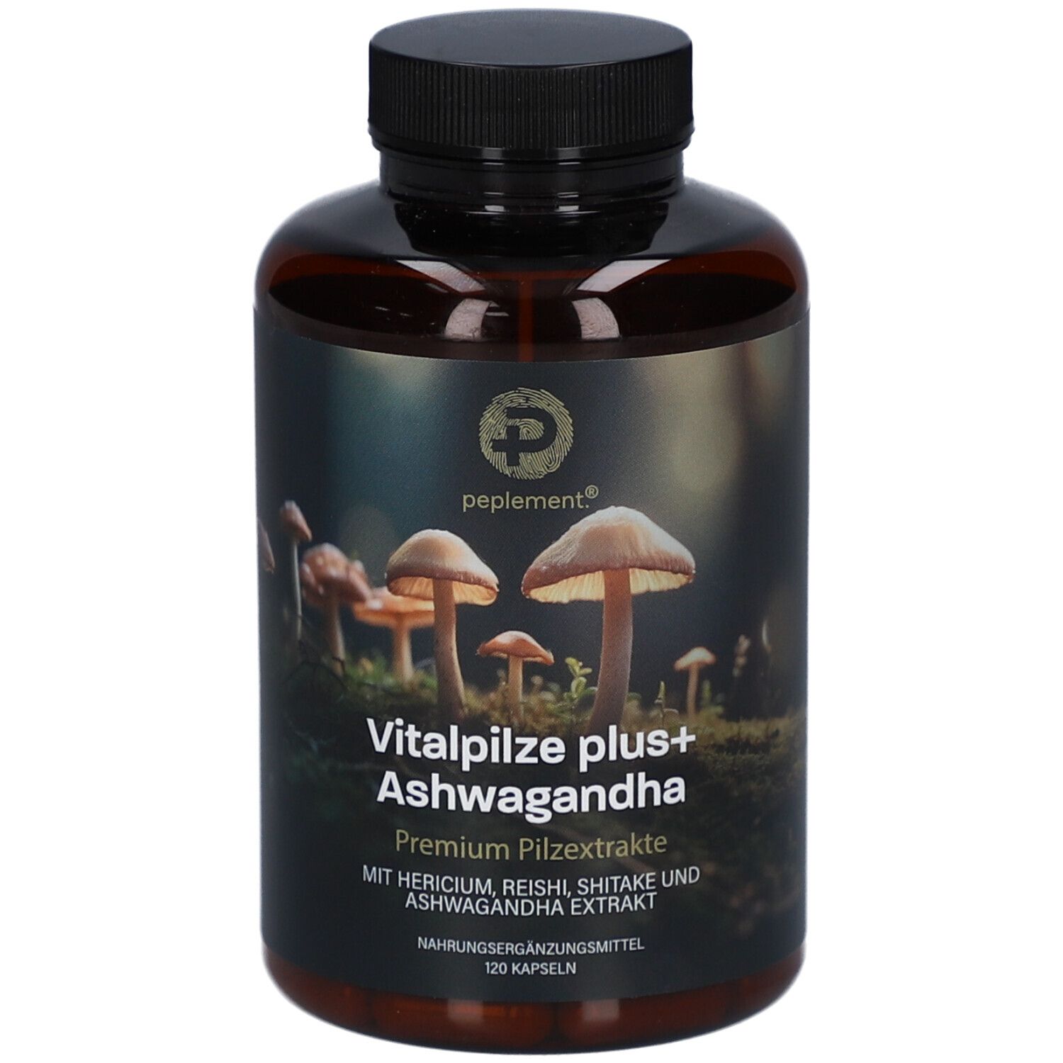 Braune Flasche mit schwarzem Deckel. Aufschrift: Vitalpilze plus+ Ashwagandha. Bild von Pilzen. 120 Kapseln.