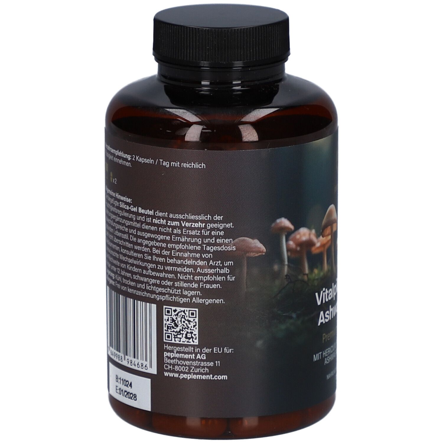 Rückseite der braunen Flasche mit schwarzem Deckel. Text und Barcode. Aufschrift: Vitalpilze plus+ Ashwagandha.