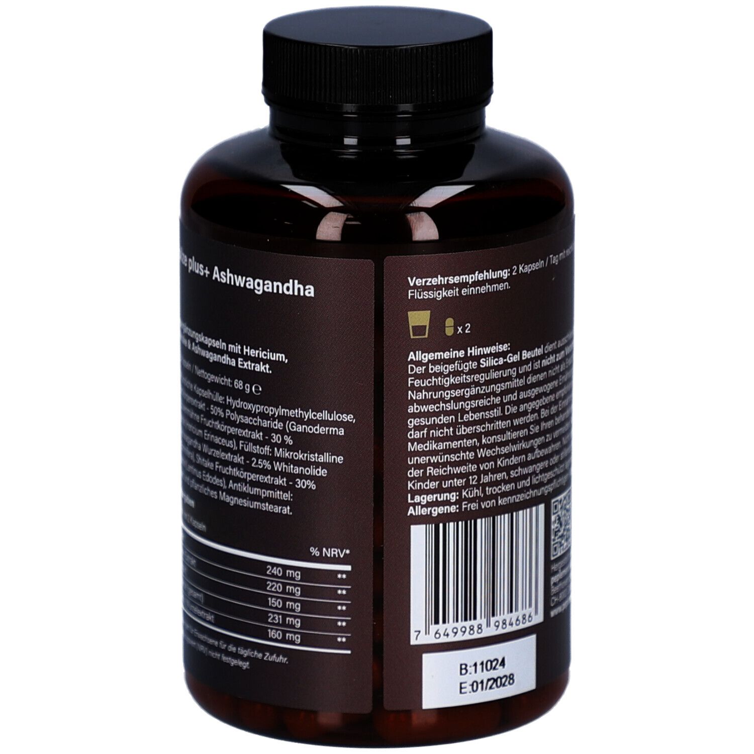 Rückseite der braunen Flasche mit schwarzem Deckel. Text und Barcode. Aufschrift: Vitalpilze plus+ Ashwagandha.