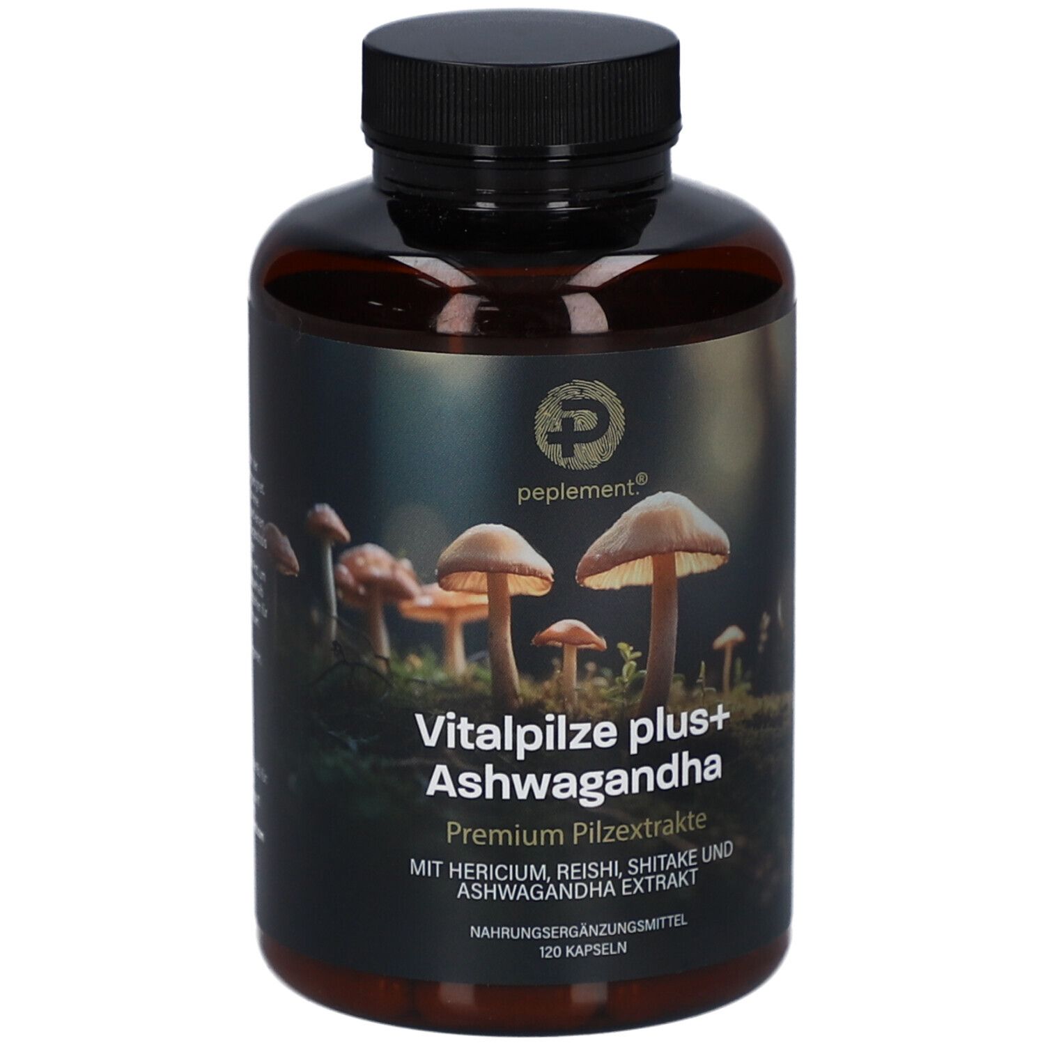 Braune Flasche mit schwarzem Deckel. Aufschrift: Vitalpilze plus+ Ashwagandha. Bild von Pilzen. 120 Kapseln.