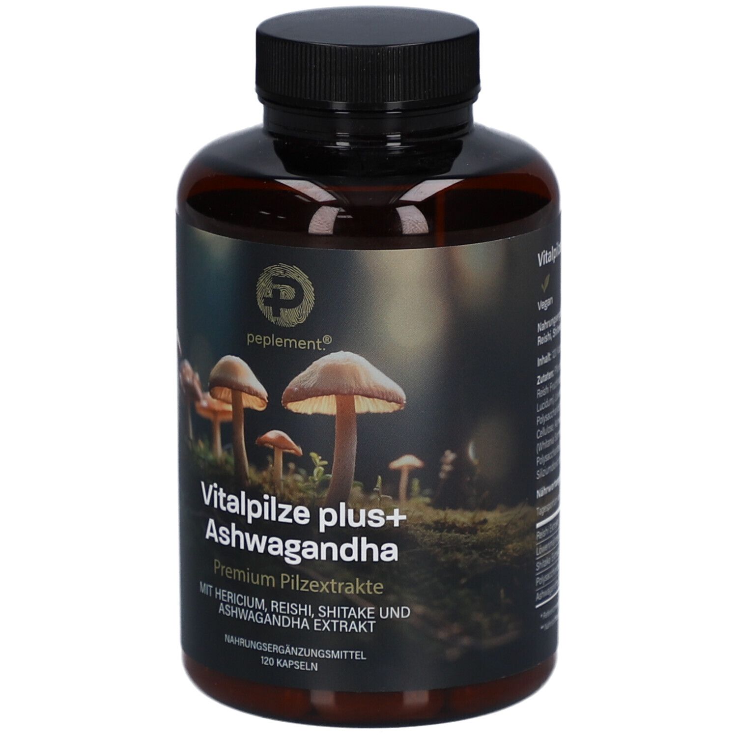 Braune Flasche mit schwarzem Deckel. Aufschrift: Vitalpilze plus+ Ashwagandha. Bild von Pilzen. 120 Kapseln.