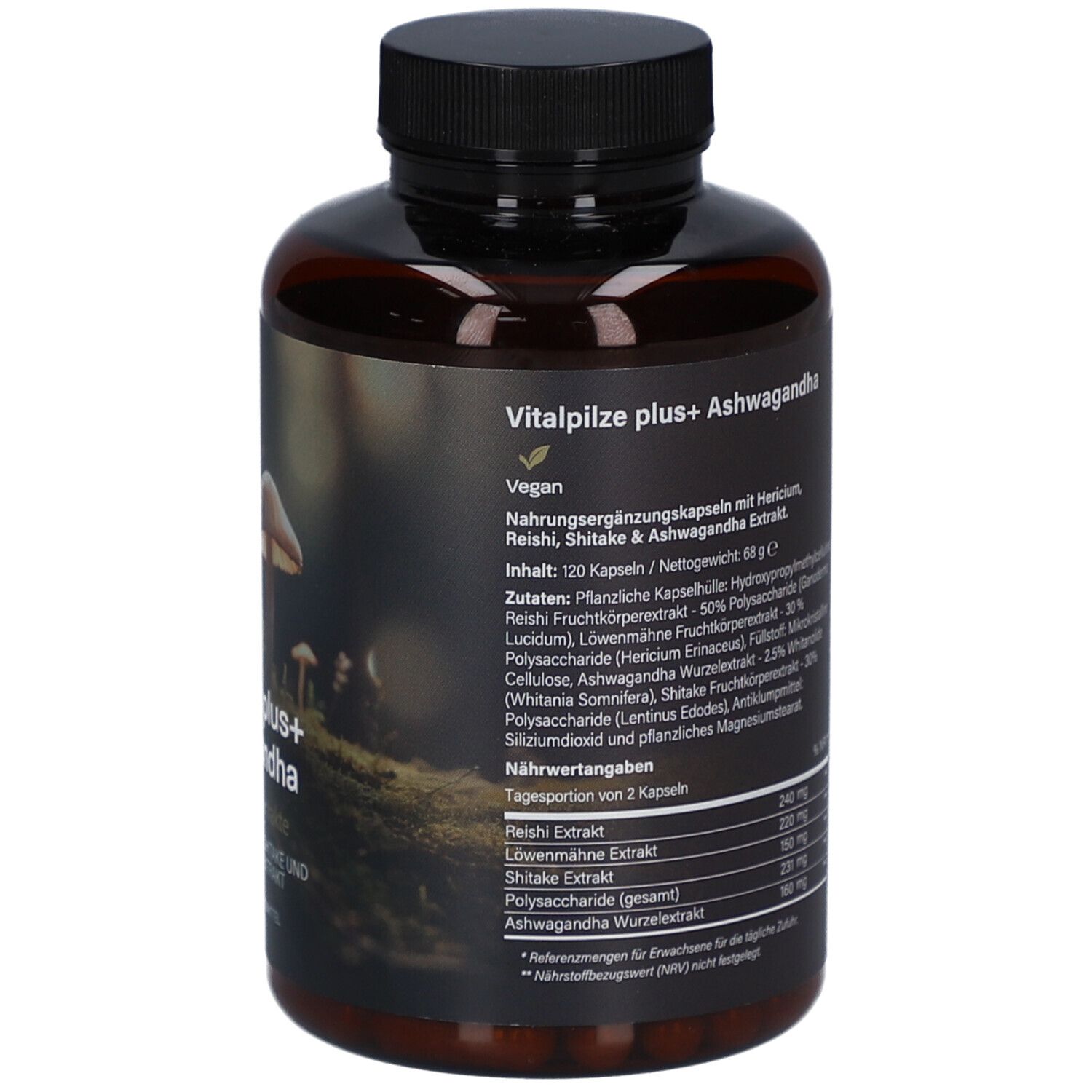 Rückseite der braunen Flasche mit schwarzem Deckel. Text und Barcode. Aufschrift: Vitalpilze plus+ Ashwagandha.