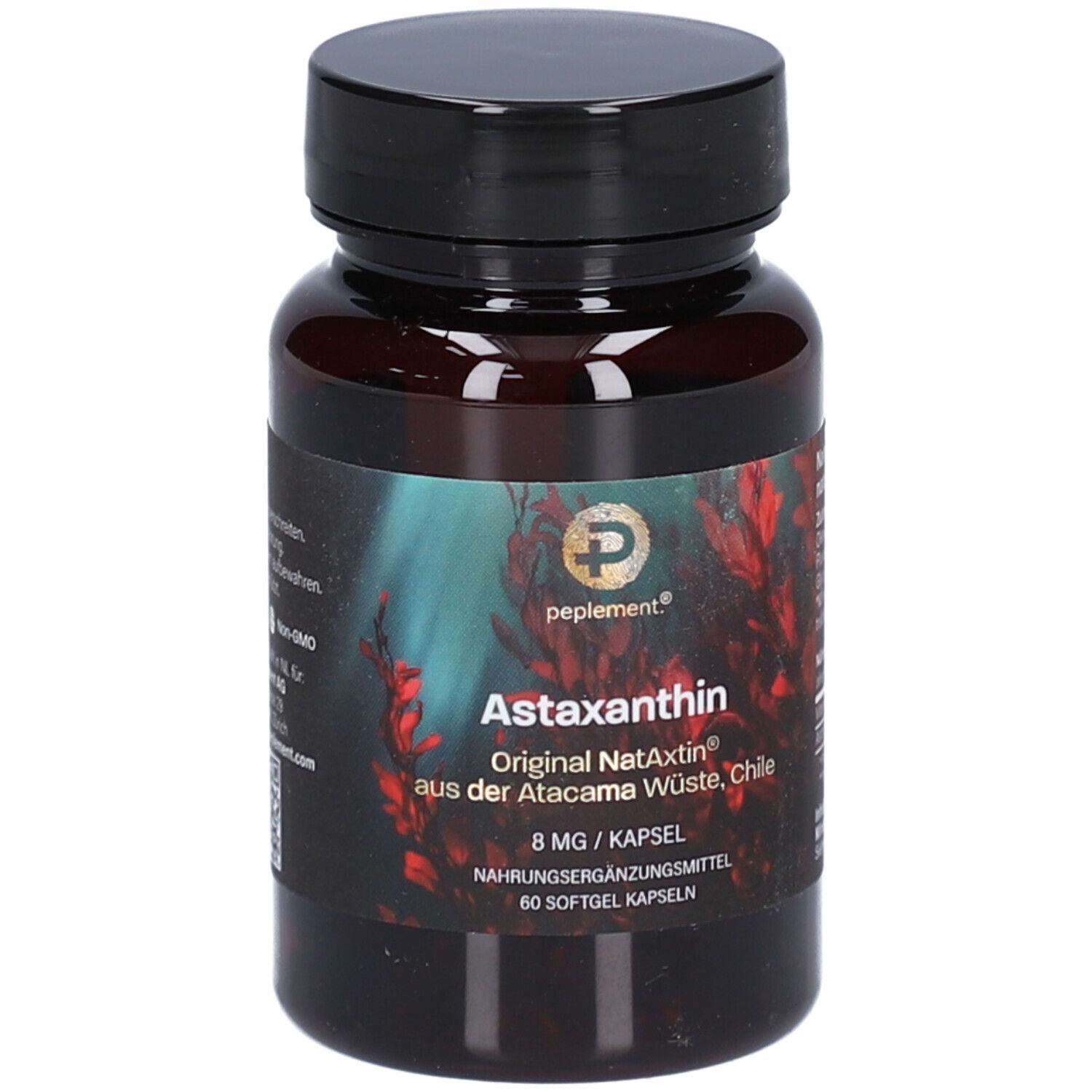 Braune Flasche mit schwarzen Deckel. Aufschrift: peplement Astaxanthin, 8 mg/Kapsel, 60 Softgel Kapseln. NatAxtin.
