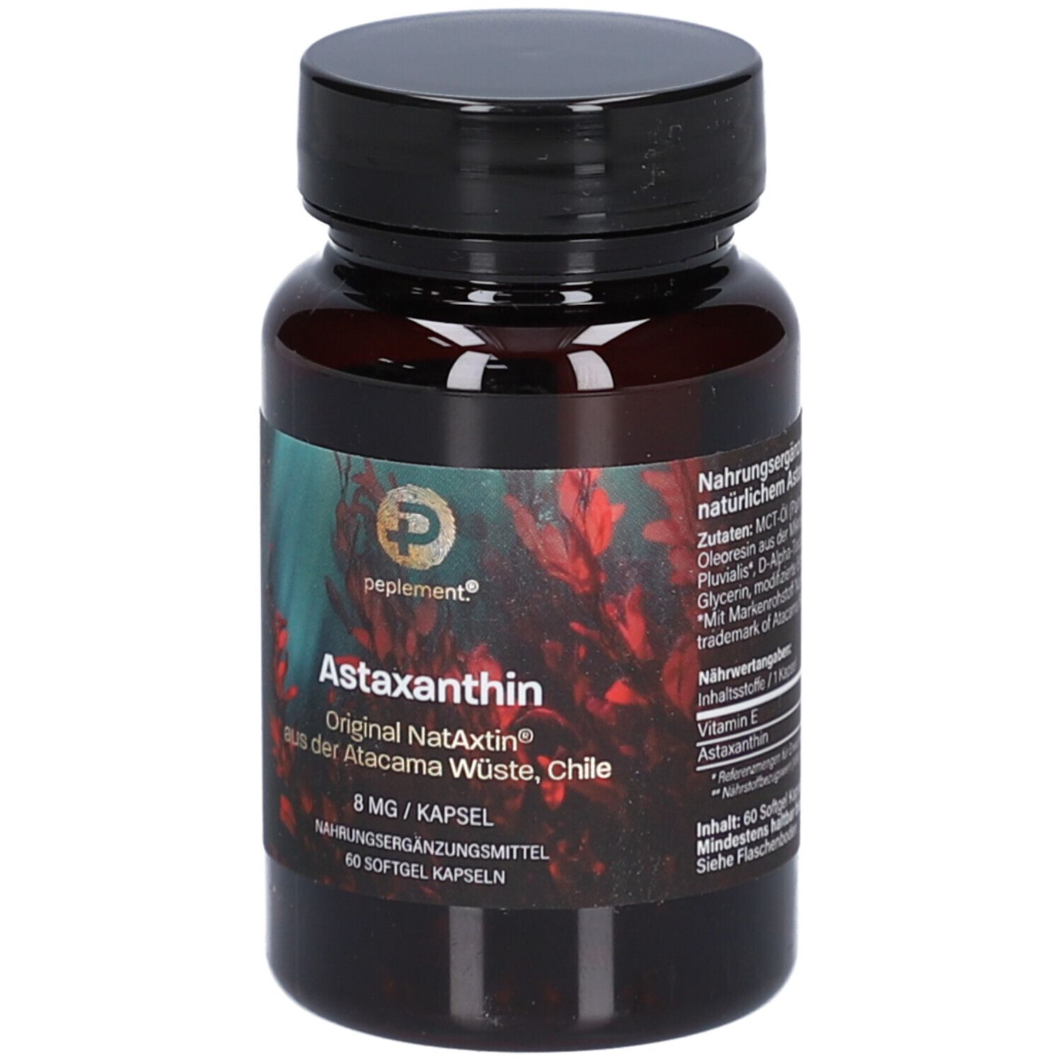 Braune Flasche mit schwarzen Deckel. Aufschrift: peplement Astaxanthin, 8 mg/Kapsel, 60 Softgel Kapseln. NatAxtin.