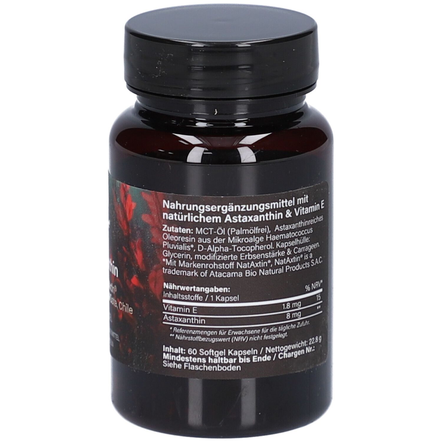 Rückseite der Flasche. Aufschrift: Nahrungsergänzungsmittel mit Astaxanthin & Vitamin E. Zutaten, Nährwertangaben, Inhaltsstoffe.