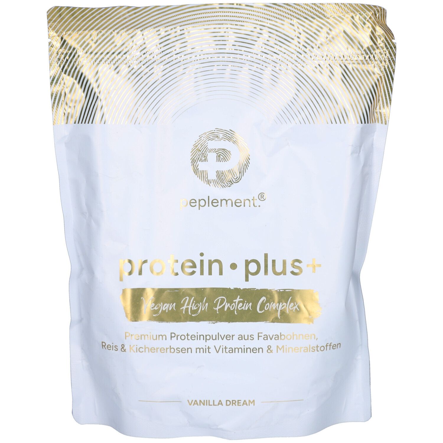Sachet blanc avec impression dorée. Contient Protein Plus+ Vegan Vanille Dream. Logo et nom du produit clairement visibles.