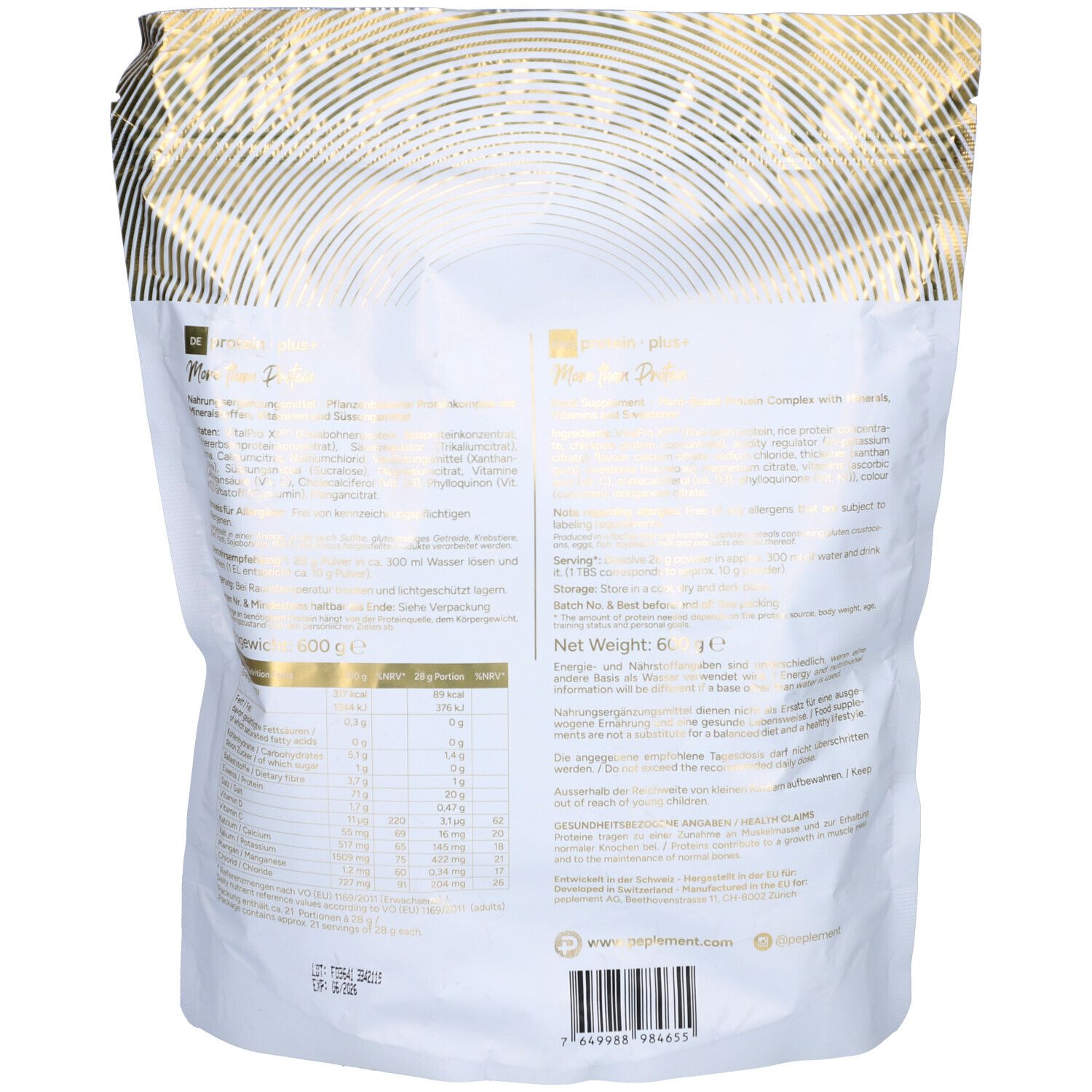 Dos du sachet blanc. Contient des informations sur Protein Plus+ Vegan Vanille Dream. Texte et informations nutritionnelles.
