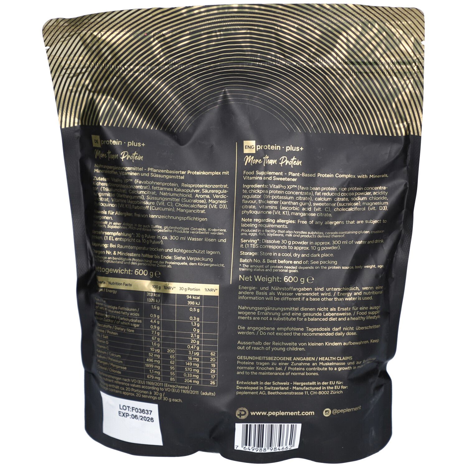 Rückseite der schwarzen Tüte. Text in mehreren Sprachen. Angaben zu Inhaltsstoffen, Nährwerten und Allergenen. Gewicht: 600 g.