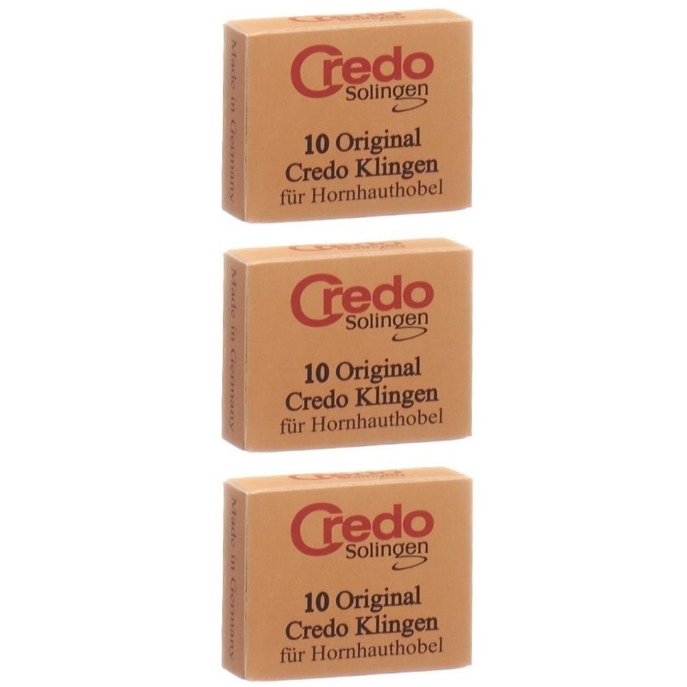 Drei braune Kartons mit der Aufschrift "Credo Solingen". Jeder Karton enthält "10 Original Credo Klingen für Hornhauthobel".
