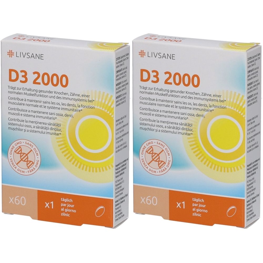 Zwei Schachteln LIVSANE D3 2000. Aufschrift: Trägt zur Erhaltung gesunder Knochen. Enthält 60 Tabletten. Mit Sonnen-Logo und Text.