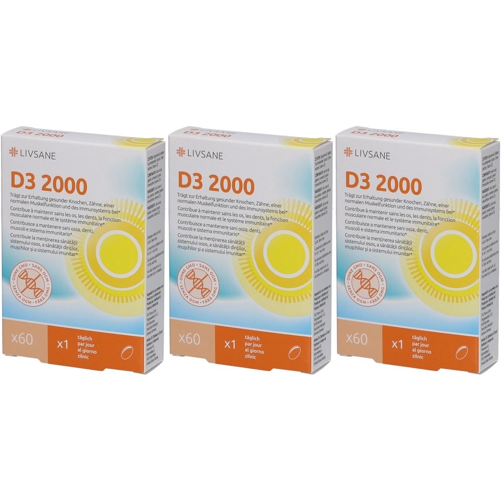 Drei Schachteln LIVSANE D3 2000. Aufschrift D3 2000, x60 Tabletten, x1 pro Tag. Gelbes Sonnenmotiv. Weiß-orange Verpackung.