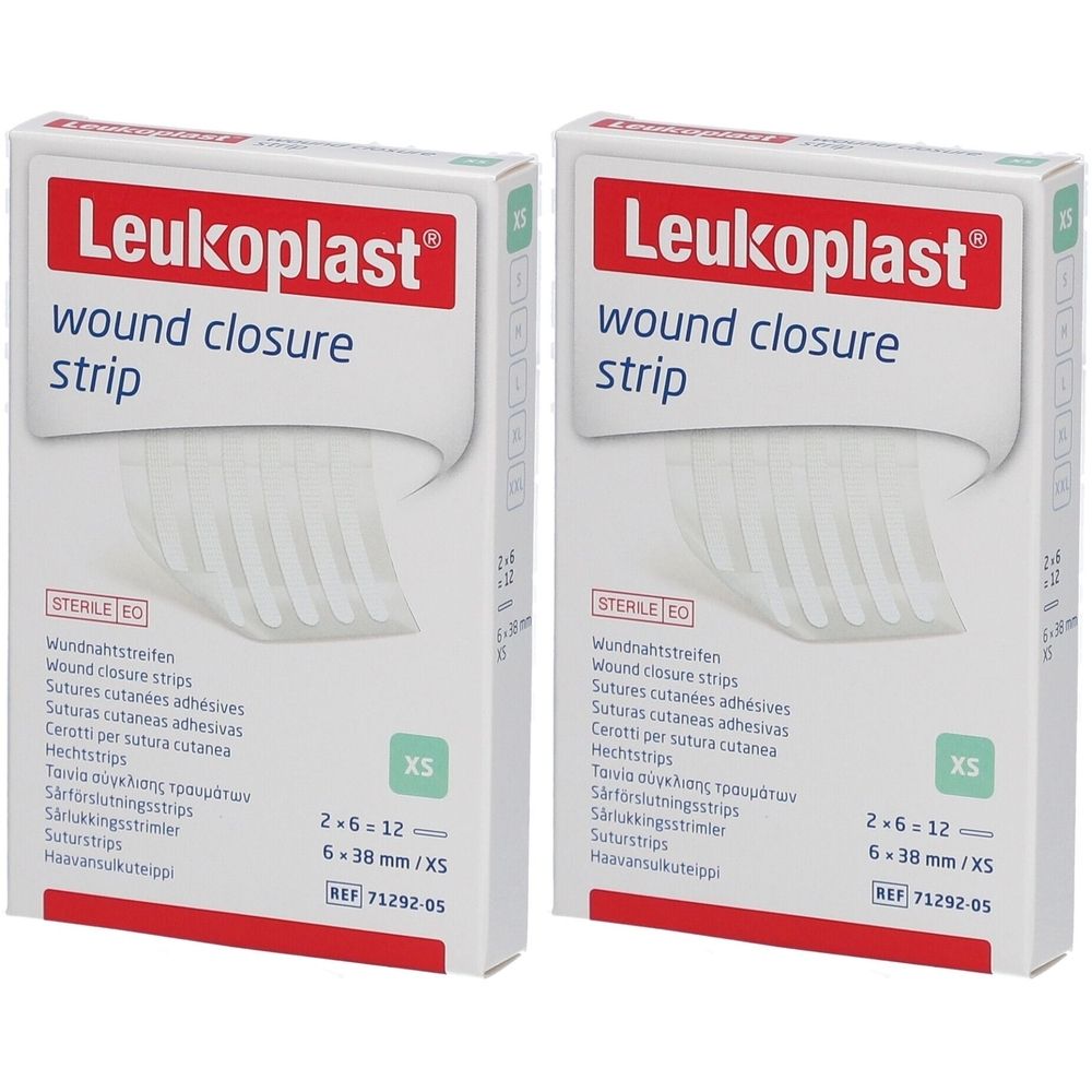Zwei Packungen Leukoplast Wundverschlussstreifen. Aufschrift: wound closure strip. Größe: 6 x 38 mm/XS. Steril.