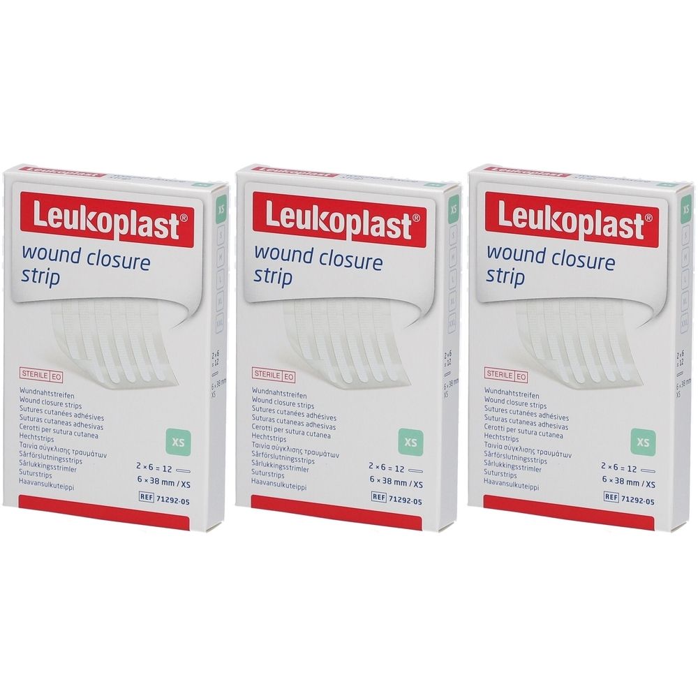 Drei Packungen Leukoplast Wundverschlussstreifen. Weiße Verpackung mit rotem Logo. Größe: 6 x 38 mm.