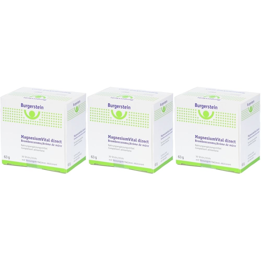 Trois boîtes blanches avec des accents verts. Inscription : Burgerstein, MagnesiumVital direct. 63g.