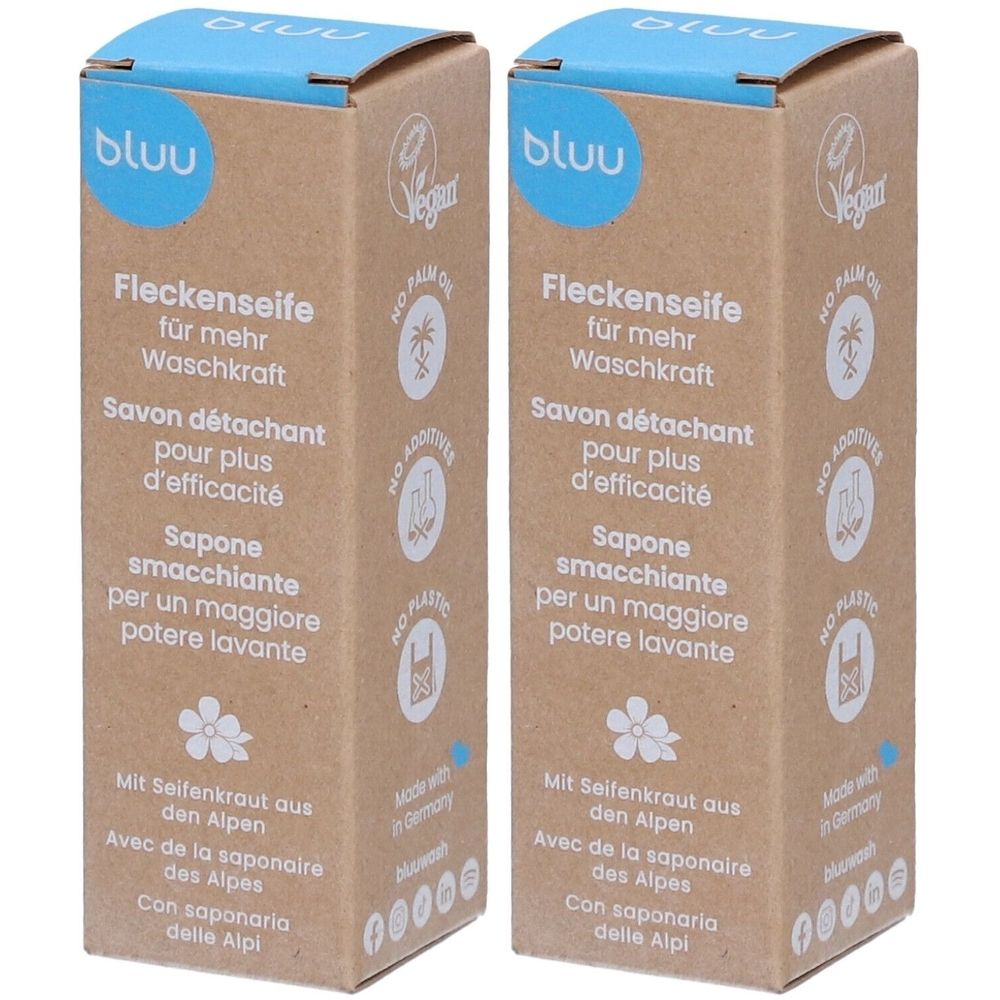 Deux boîtes rectangulaires. Inscription: BLUU, Fleckenseife, label Vegan, sans huile de palme, sans additifs, sans plastique. Texte en allemand, français, italien.