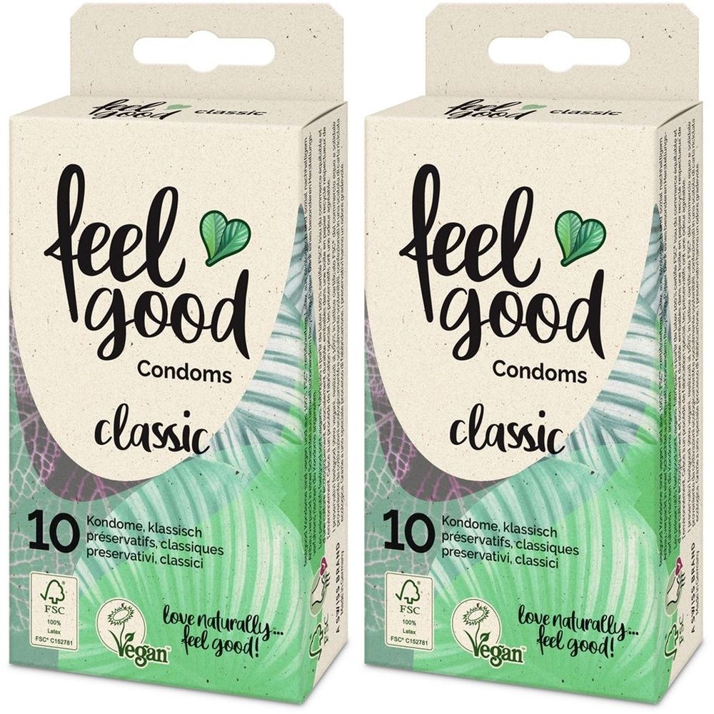 Zwei Schachteln mit Kondomen. Aufschrift: feel good Condoms classic, 10 Stück. FSC-Siegel, Vegan-Logo. Text: love naturally... feel good!