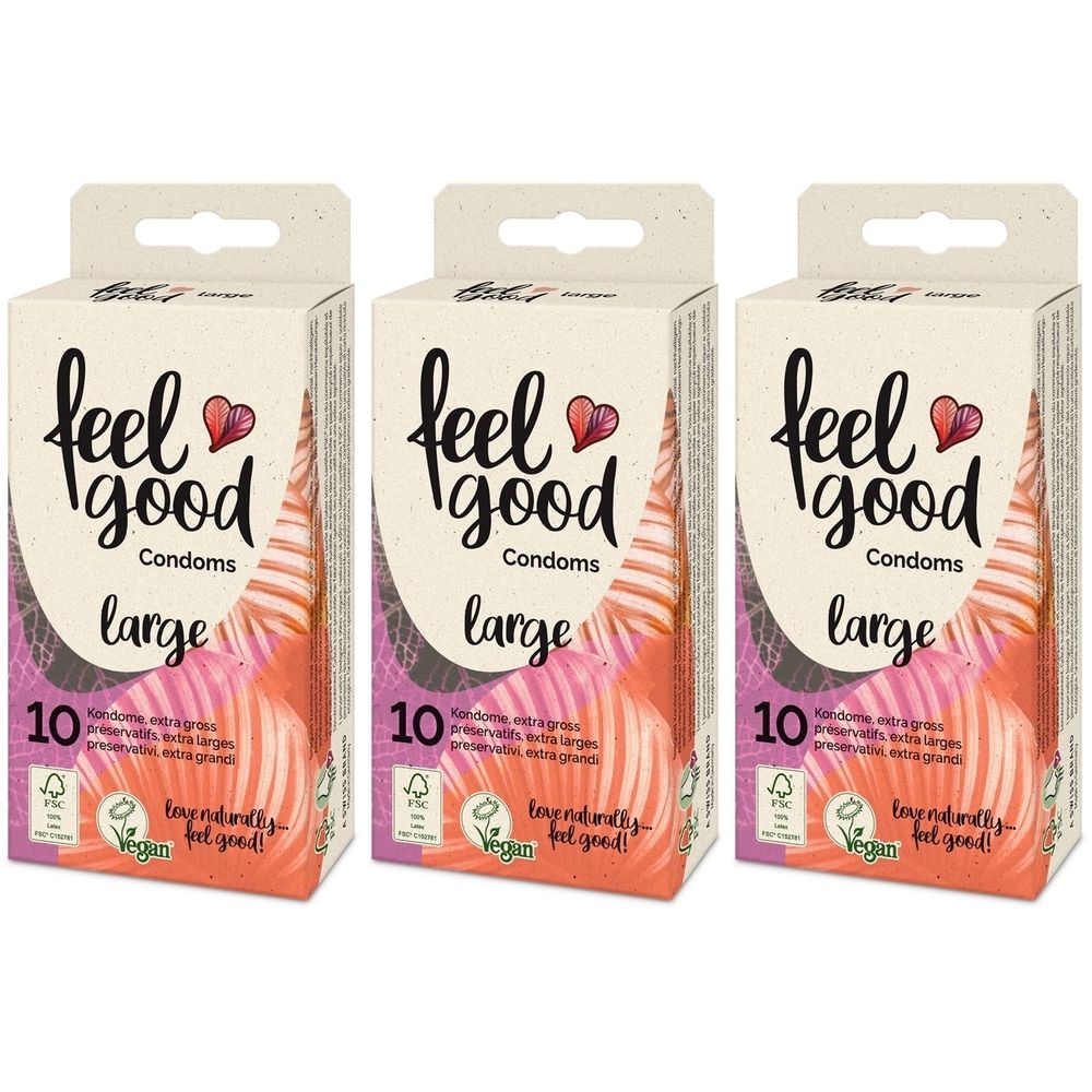 Trois boîtes de préservatifs feel good Condoms® large. Chaque boîte contient 10 préservatifs. Inscriptions : marque, taille, vegan.