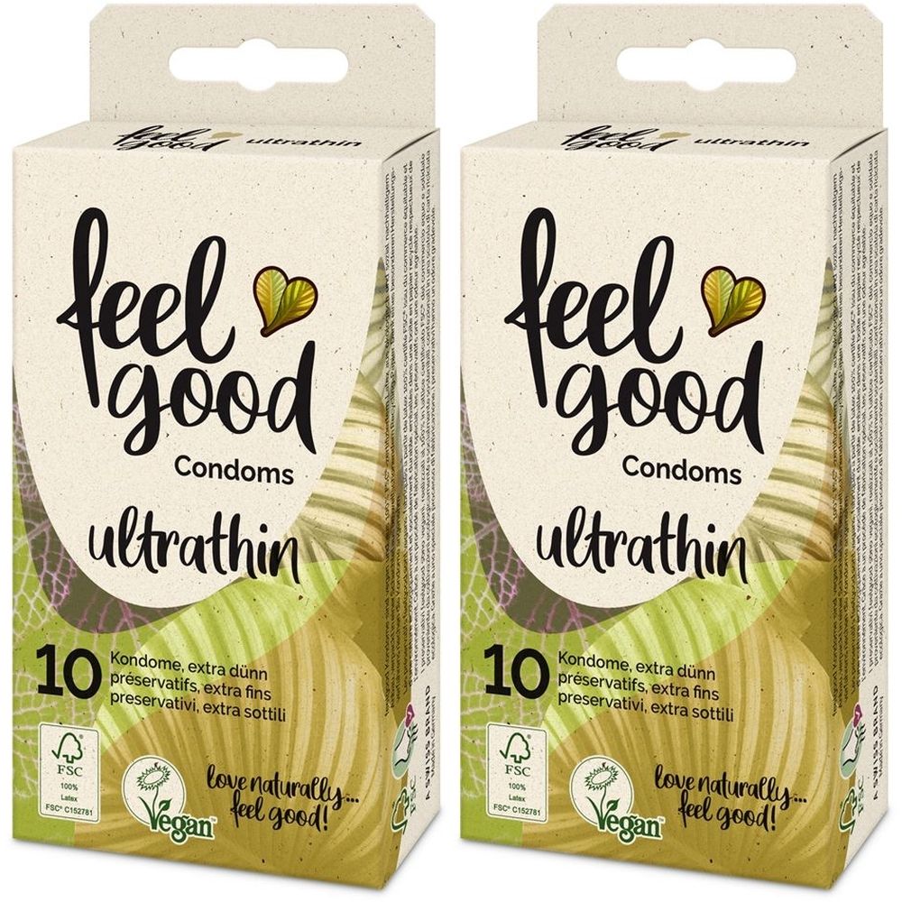 Zwei Schachteln feel good Condoms ultrathin. Aufschrift: 10 Kondome, FSC-Siegel, Vegan-Logo. Text in Deutsch, Französisch und Italienisch.