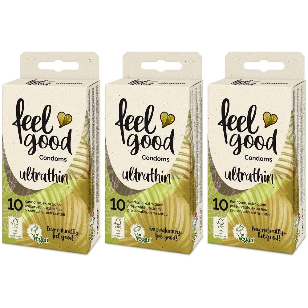 Drei Schachteln feel good Condoms ultrathin. Jede Schachtel enthält 10 Kondome. Vegan-Siegel.