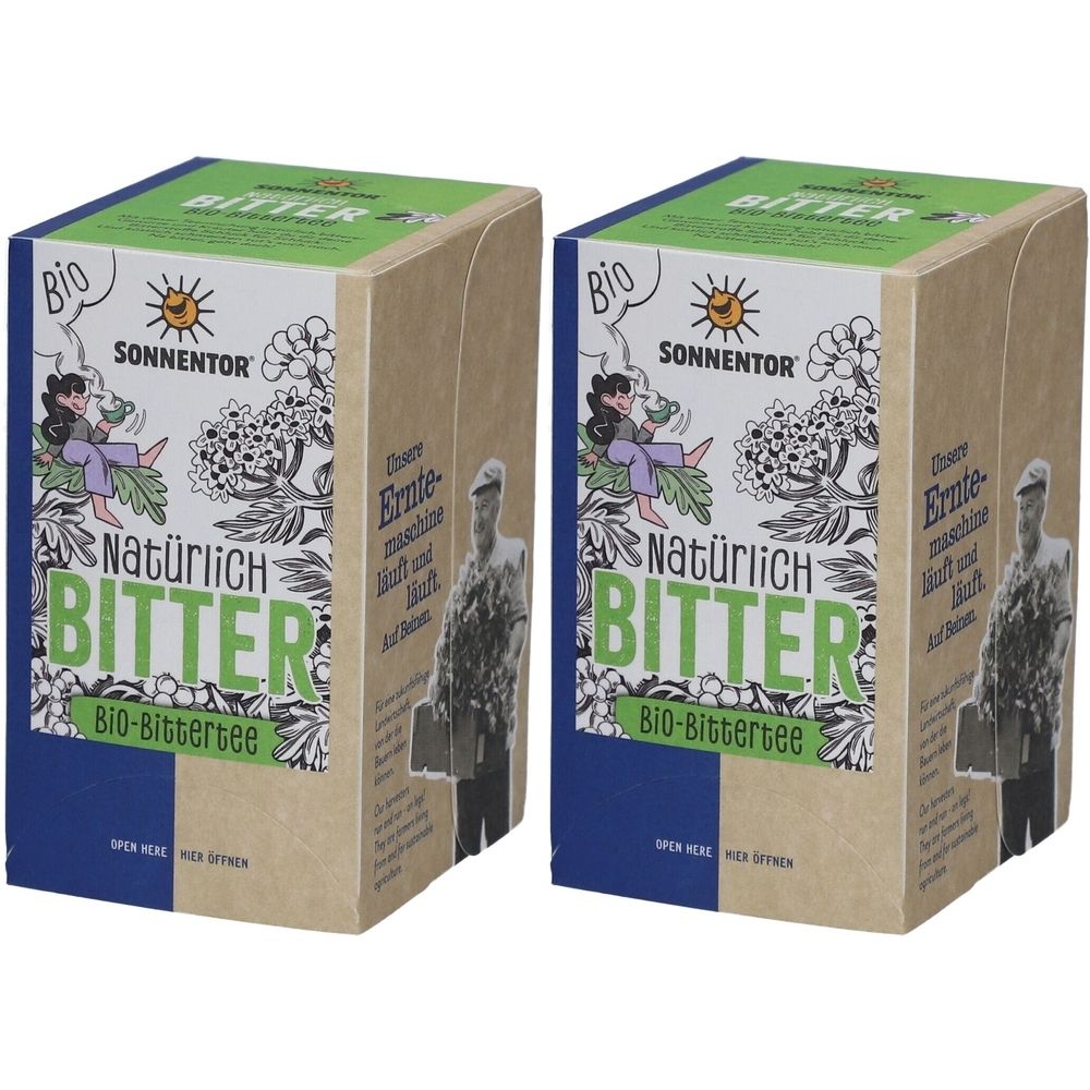 Deux boîtes rectangulaires avec l'inscription "Natürlich Bitter" et "Bio-Bittertee". Le logo montre une personne buvant du thé. Emballage vert-brun.
