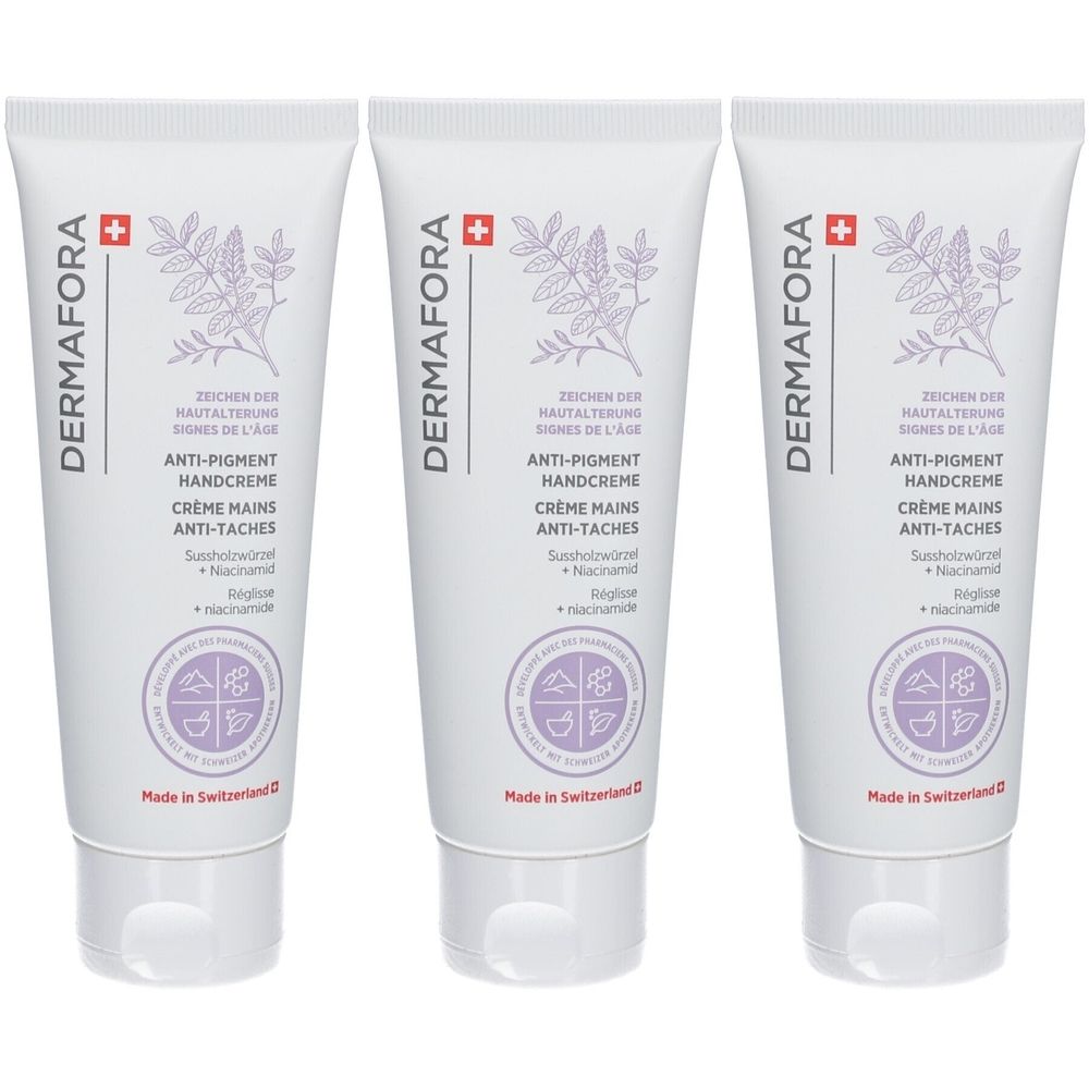 Trois tubes de crème pour les mains. Blancs, avec texte et illustrations violets. Nom du produit: Dermafora. Texte: Anti-Pigment Handcreme, Crème Mains Anti-Taches.