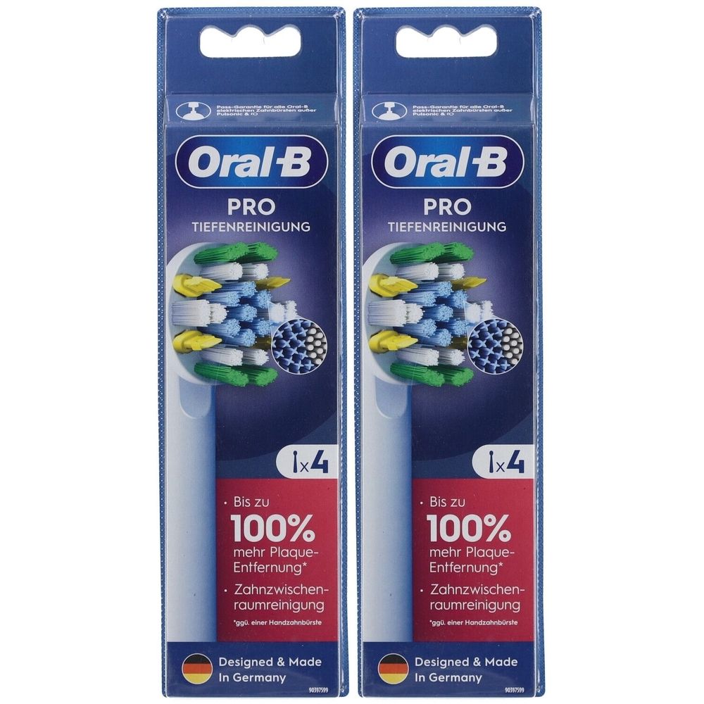 Deux paquets de têtes de brosse Oral-B Pro Tiefenreinigung. Chaque paquet contient 4 têtes. Soies bleues, vertes et jaunes.
