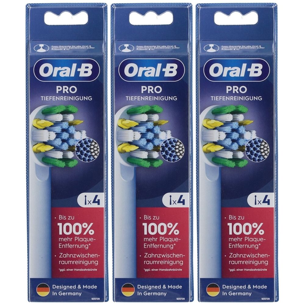 Trois paquets de brosses à dents Oral-B Pro Tiefenreinigung. Chaque paquet contient 4 brosses. Soies bleues, vertes et jaunes.
