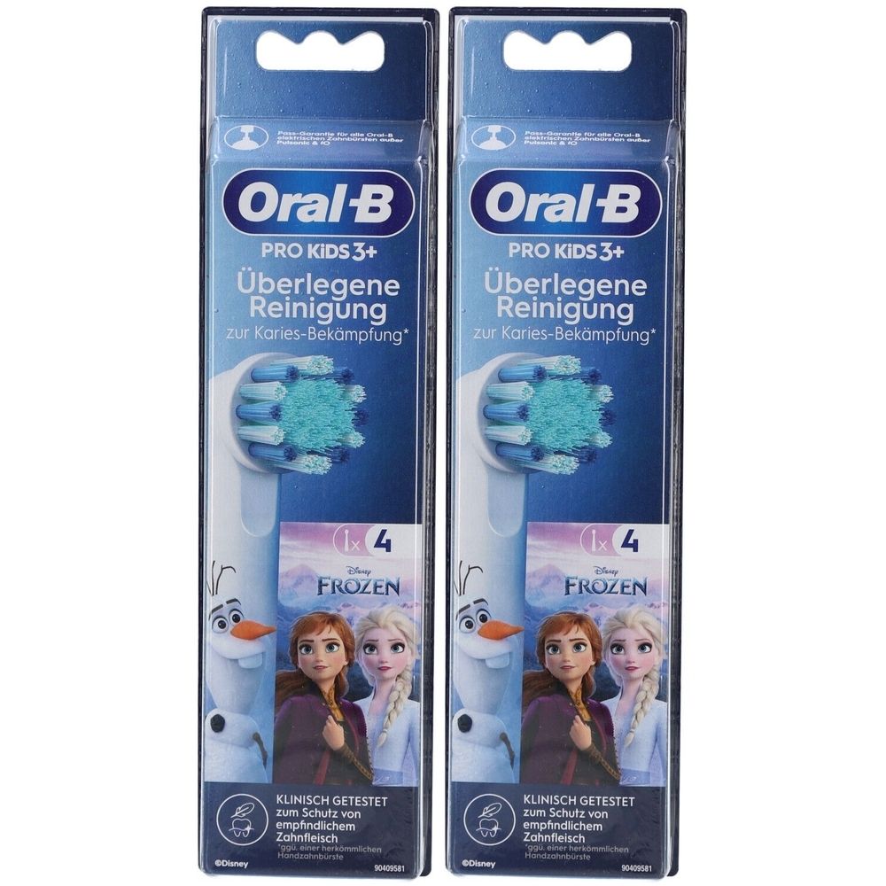 Zwei Packungen Oral-B Pro Kids 3+ Aufsteckbürsten. Jede Packung enthält vier Bürstenköpfe mit Frozen-Motiv. Klinisch getestet.