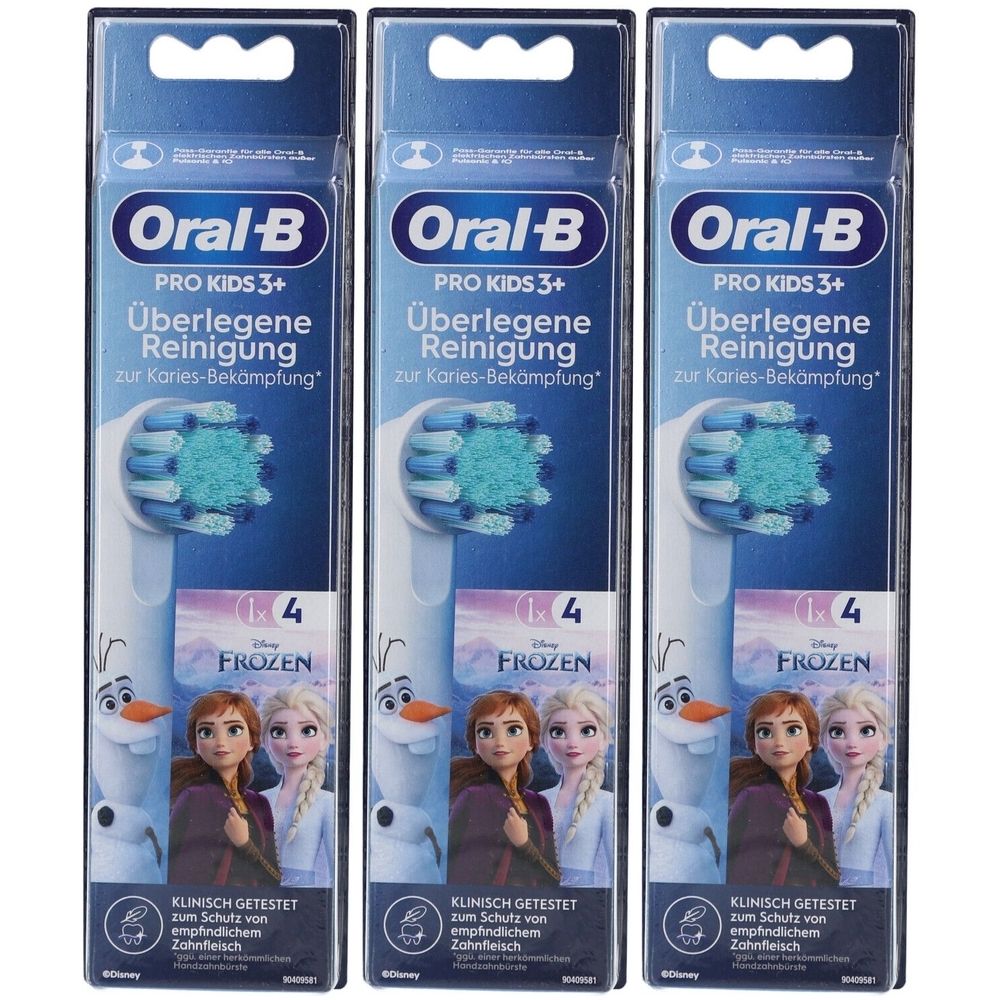 Drei Packungen Oral-B Pro Kids 3+ Aufsteckbürsten. Jede Packung zeigt das Disney Frozen-Design und enthält 4 Bürsten.