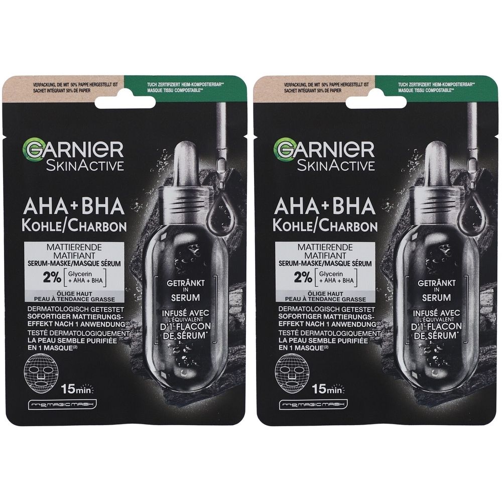 Deux masques sérum Garnier SkinActive AHA+BHA Kohle/Charbon. Emballage noir avec image du produit et texte. Testé dermatologiquement.