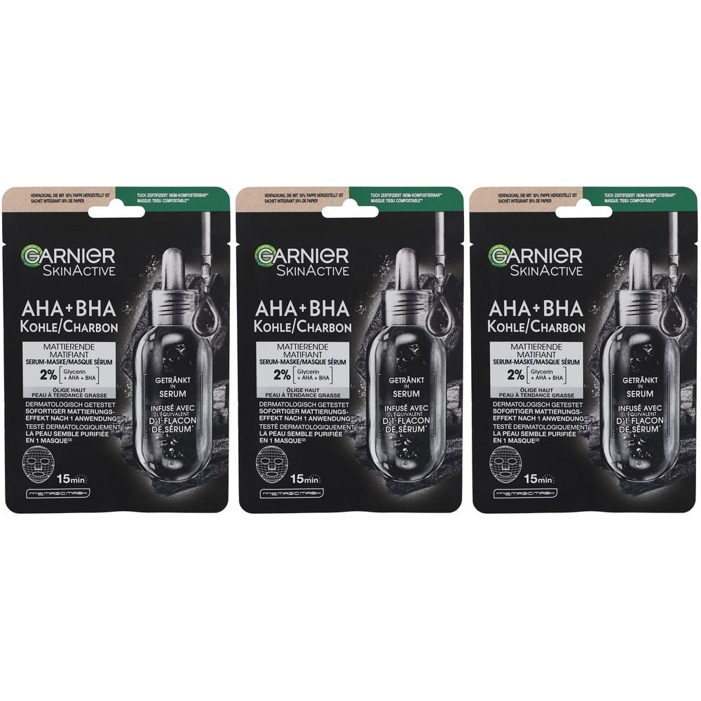 Trois paquets identiques de sérum Garnier SkinActive AHA+BHA Kohle/Charbon. Chaque paquet montre un flacon de sérum et du texte.