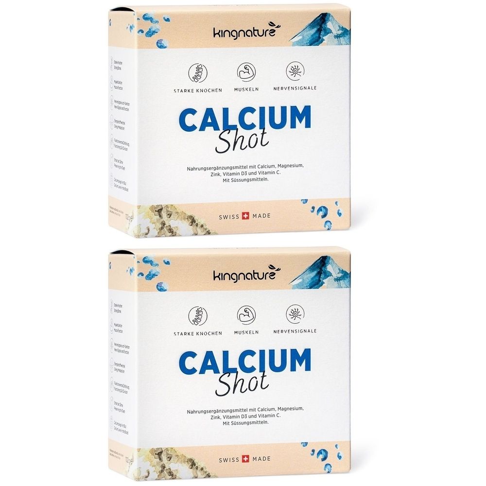 Zwei Schachteln KINGNATURE Calcium Shot. Aufschrift: Calcium Shot, Swiss Made. Enthält Calcium, Magnesium, Zink, Vitamin D3 und C.