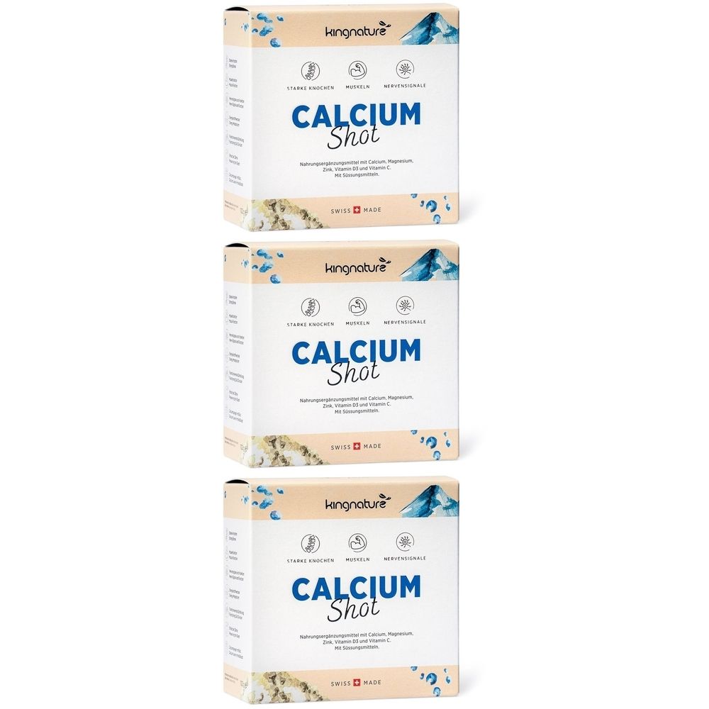 Drei Schachteln KINGNATURE Calcium Shot. Aufschrift: Calcium Shot, Swiss Made. Oben: Logo, drei Symbole.