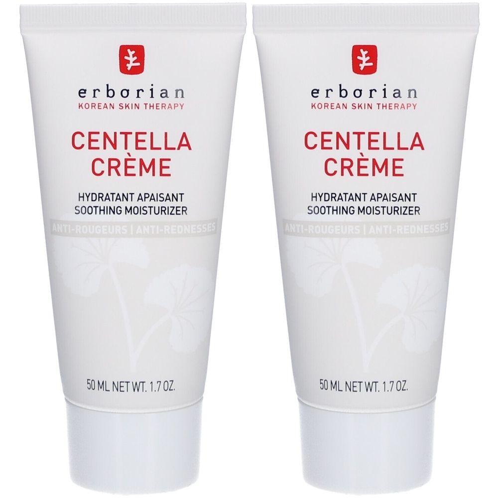 Zwei Tuben Creme. Weiß, mit roter Schrift. Aufschrift: Centella Crème, Hydratant Apaisant, Soothing Moisturizer. Marke: erborian.