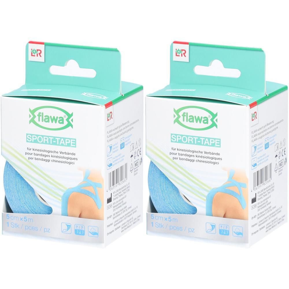 Deux paquets de flawa® Sport-Tape, bleu, 5 cm x 5 m.