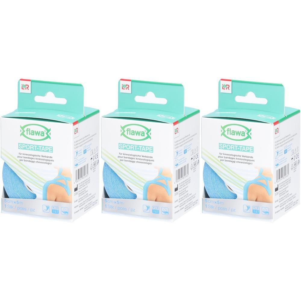Trois paquets de flawa® Sport-Tape pour bandages de kinésiologie, 5 cm x 5 m, bleu.
