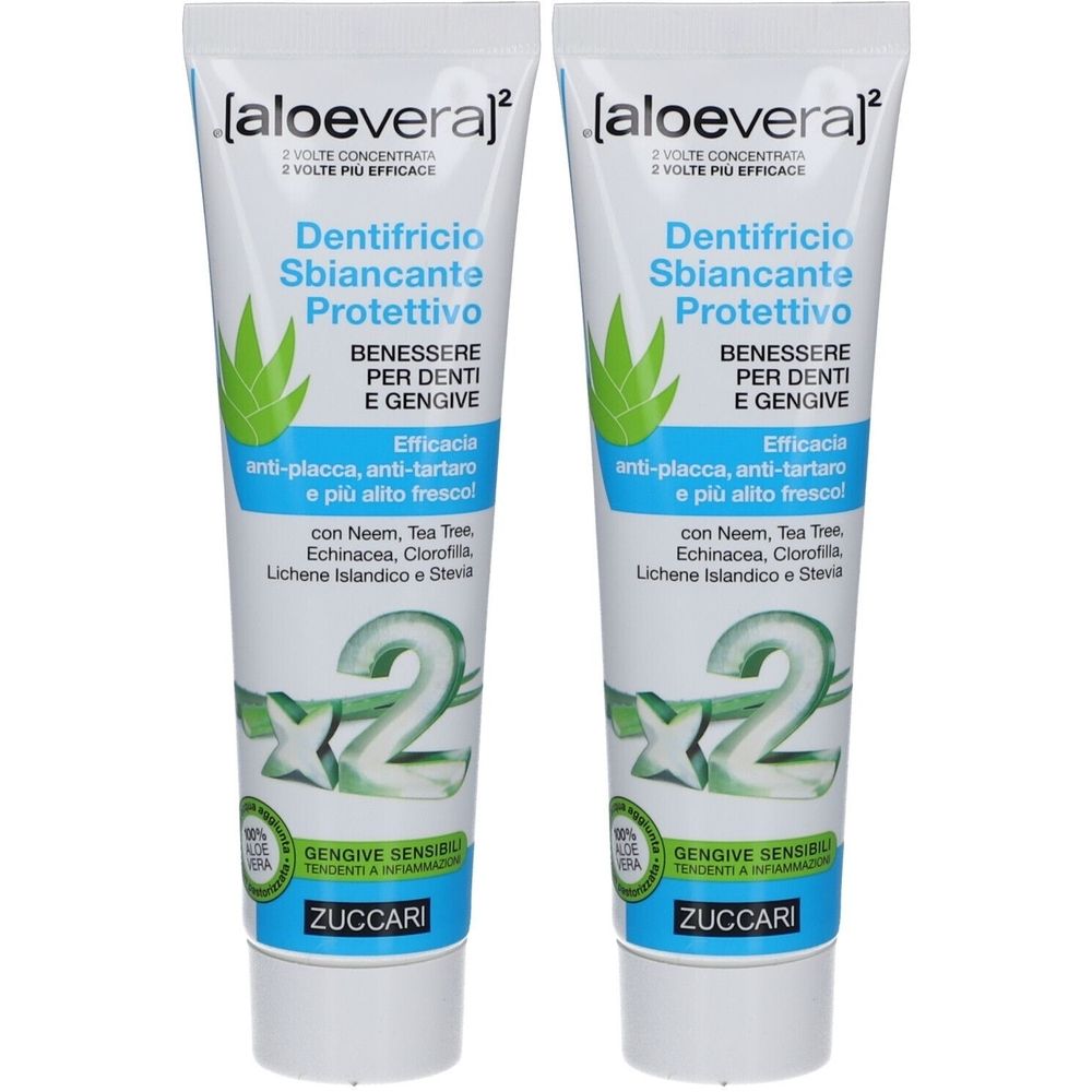 Zwei Tuben Zahnpasta. Aufschrift: Dentifricio Sbiancante Protettivo. Marke: ZUCCARI. Mit Aloe Vera und weiteren Inhaltsstoffen.