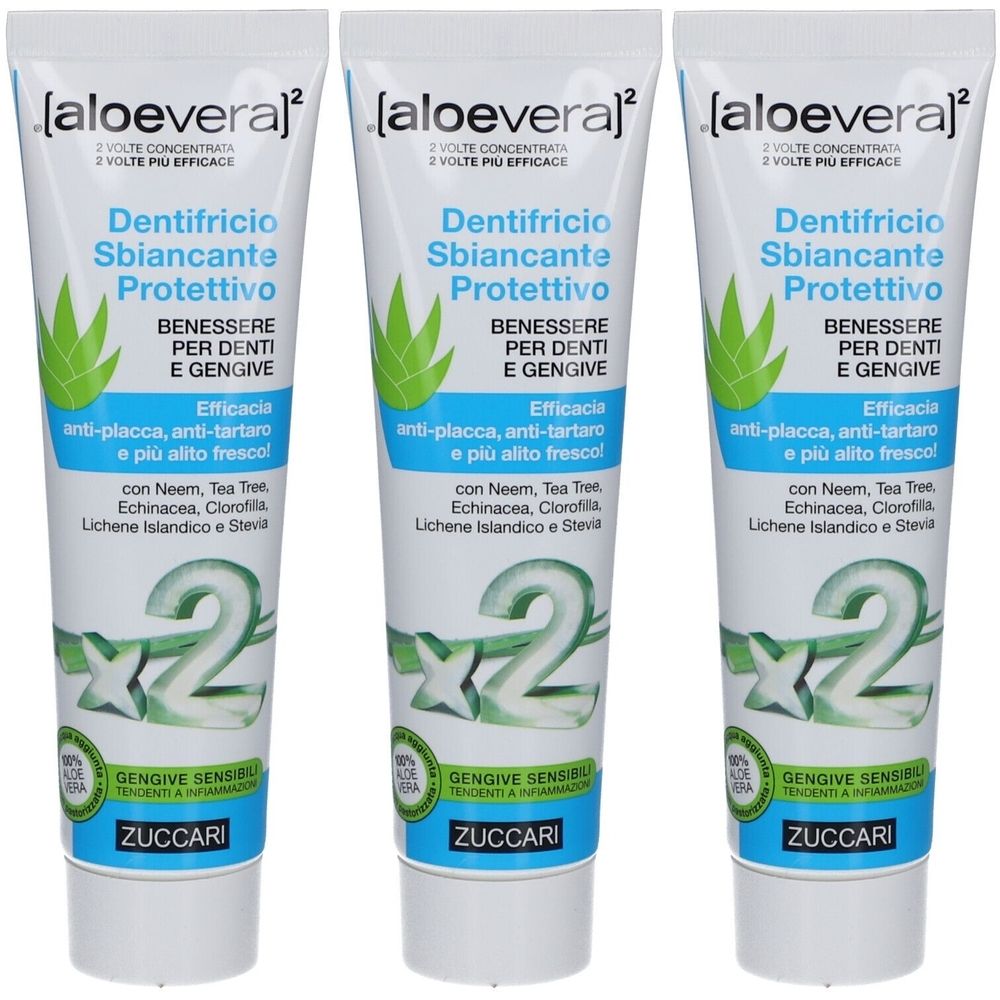 Trois tubes de dentifrice. Inscription: Dentifricio Sbiancante Protettivo. Avec Aloe Vera, Neem, Tea Tree, Echinacea, Chlorophylle, lichen islandais et Stevia.