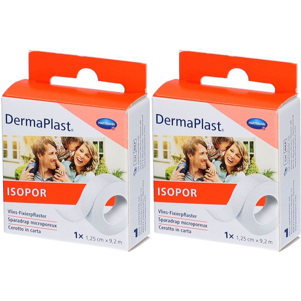 Zwei Kartons DermaPlast ISOPOR. Weißes Vlies-Fixierpflaster, 1,25 cm x 9,2 m. Verpackung mit Produktabbildung und Größenangabe.