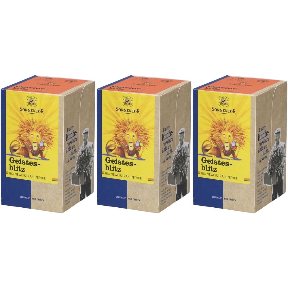 Drei rechteckige Kartonverpackungen. Aufdruck: Logo, Löwe, Schriftzug "Geistesblitz". Farben: Gelb, Orange, Blau, Braun.