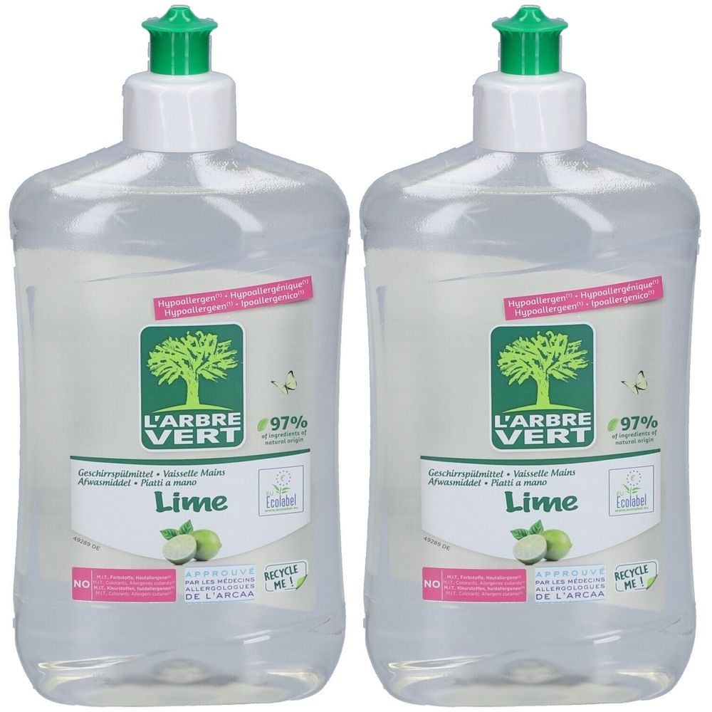 Zwei transparente Flaschen mit grünem Verschluss. Auf dem Etikett steht L'ARBRE VERT, Lime und ein Baumlogo. 97% natürliche Inhaltsstoffe.