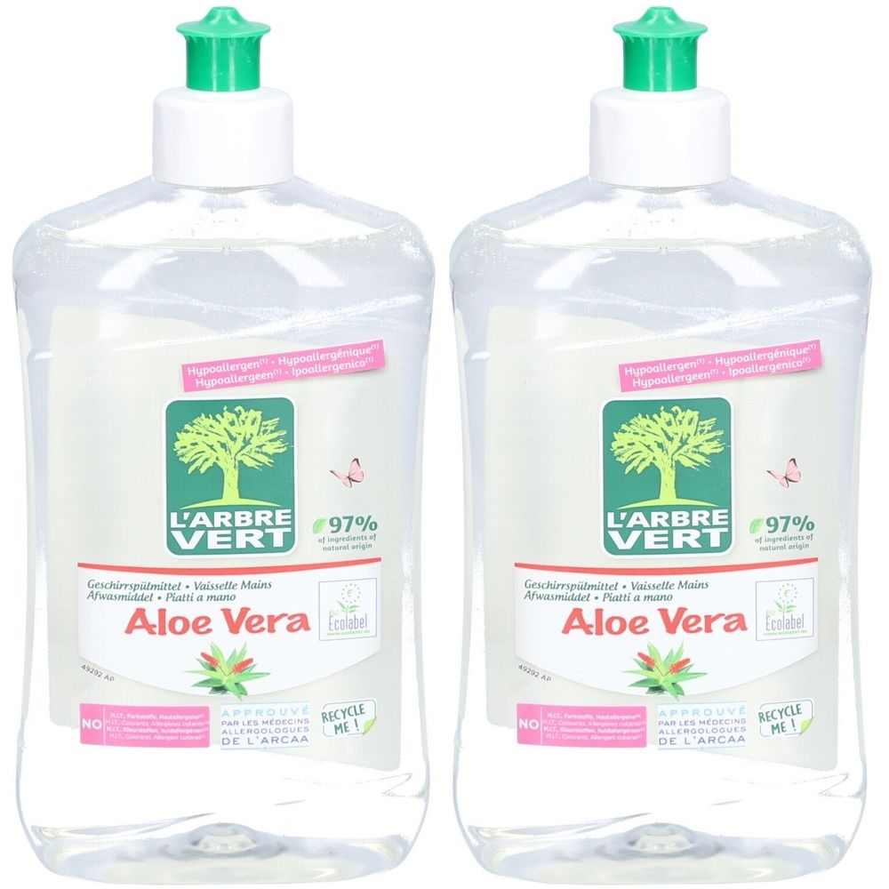 Zwei Flaschen L'ARBRE VERT Spülmittel Aloe Vera. Transparente Flaschen mit grünem Deckel. Logo und Text auf Etikett.