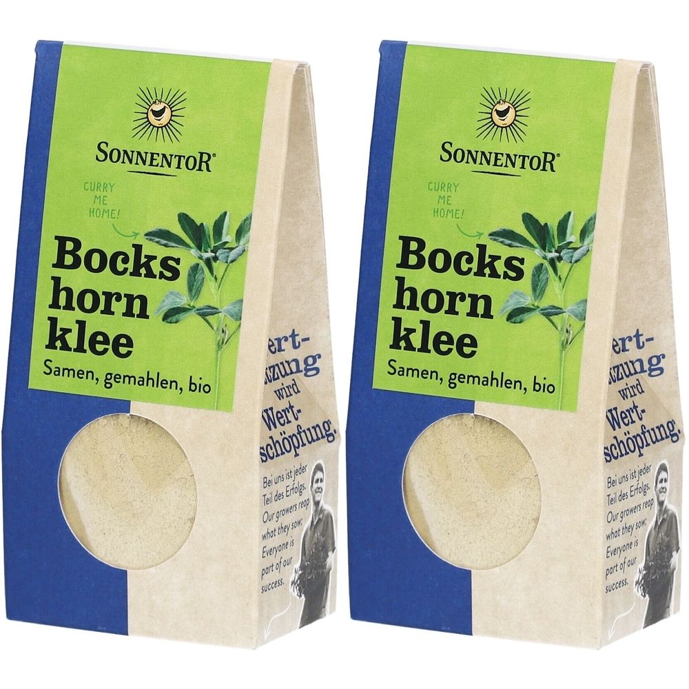 Deux paquets de Sonnentor Bockshornklee. Emballage vert et blanc avec nom et logo. Fenêtre montrant le contenu.