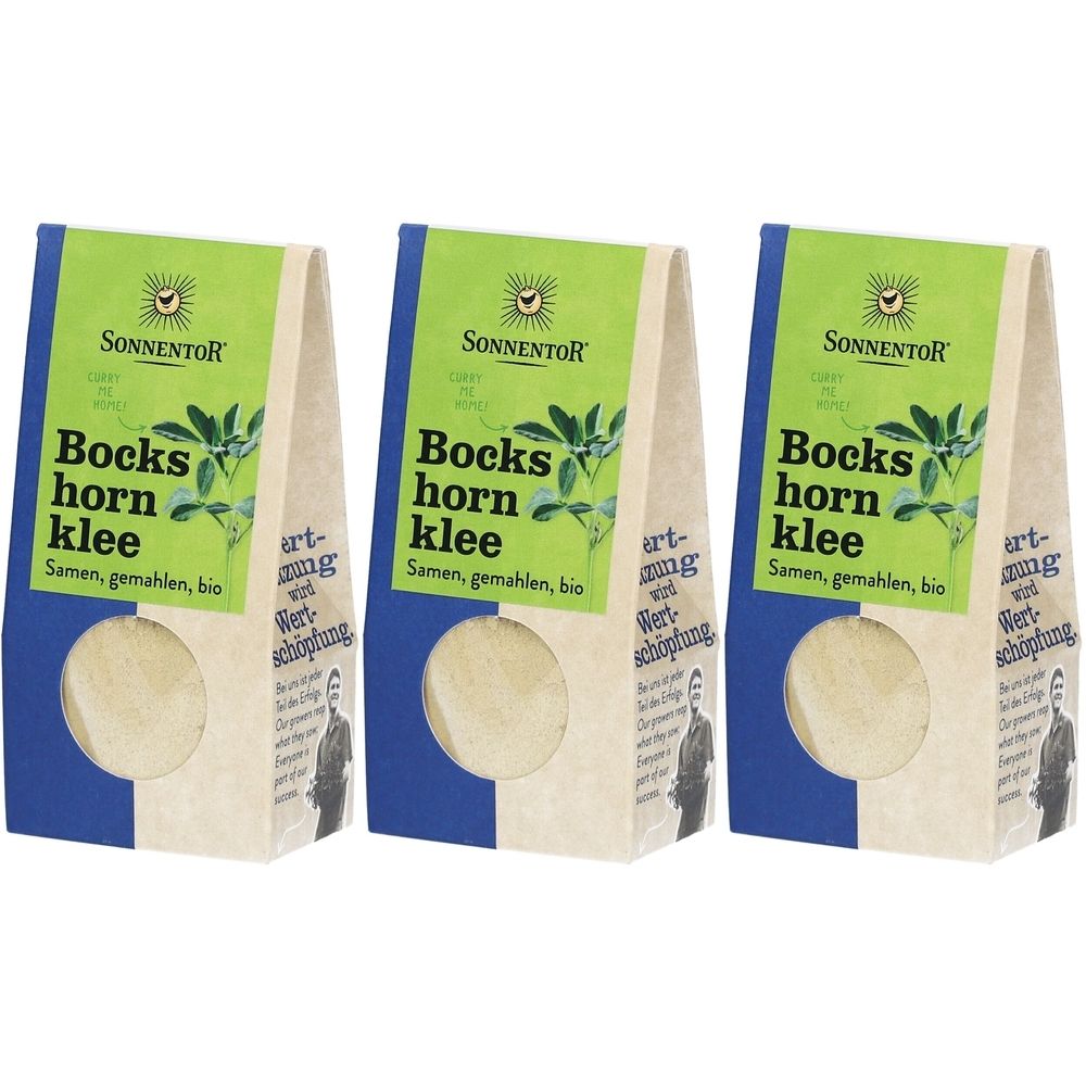 Trois sachets de "Bockshornklee". Marque Sonnentor. Fenêtre. Design vert-bleu-blanc. Label bio.