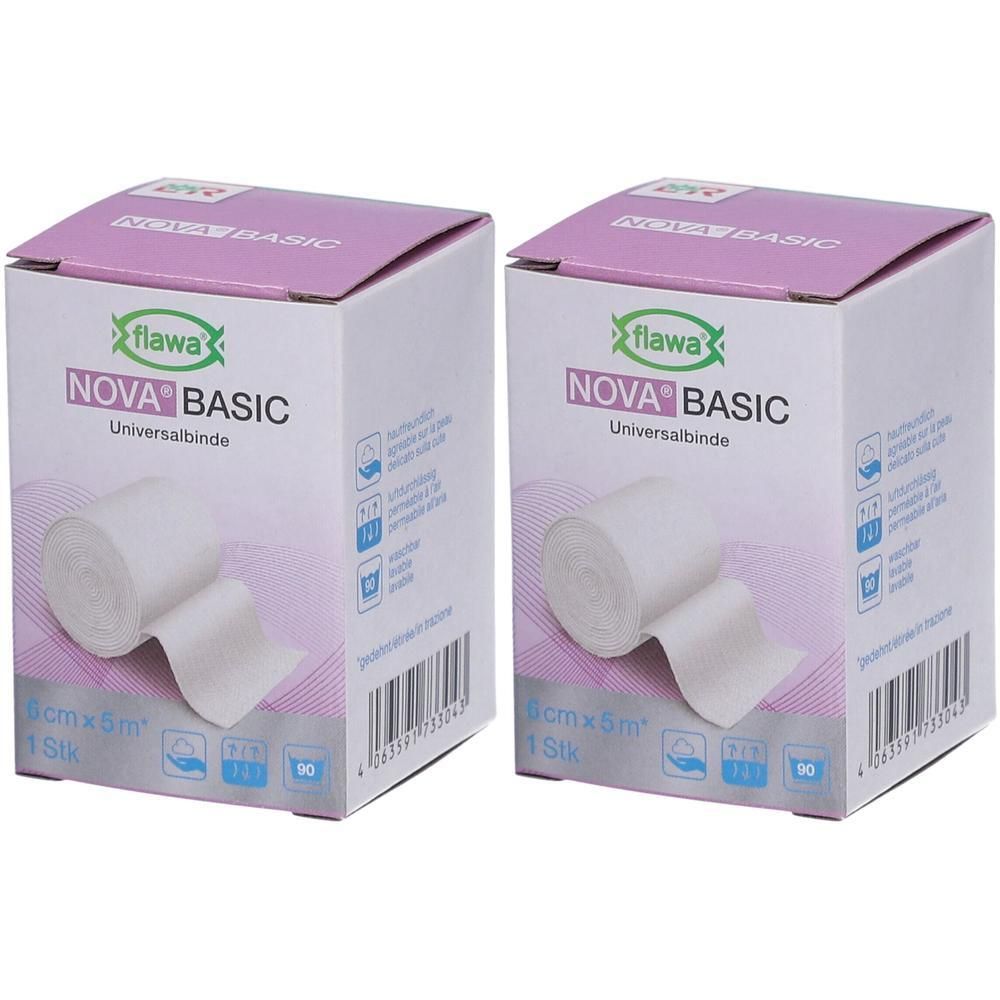 Deux boîtes de bandages élastiques FLAWA Nova Basic, 6 cm x 5 m.