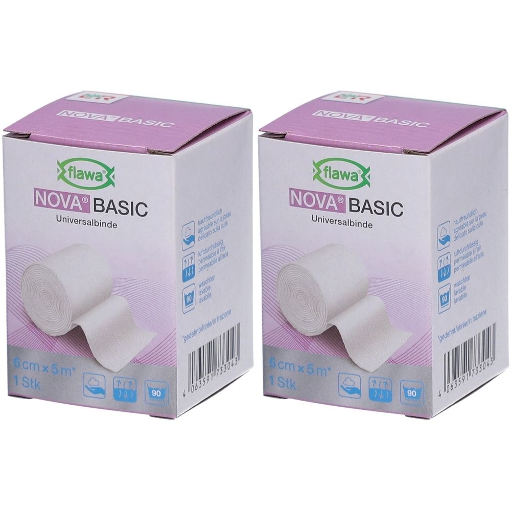 Deux boîtes de bandage universel FLAWA Nova Basic. Inscription : 6 cm x 5 m, 1 pièce. Emballage avec produit et logo.