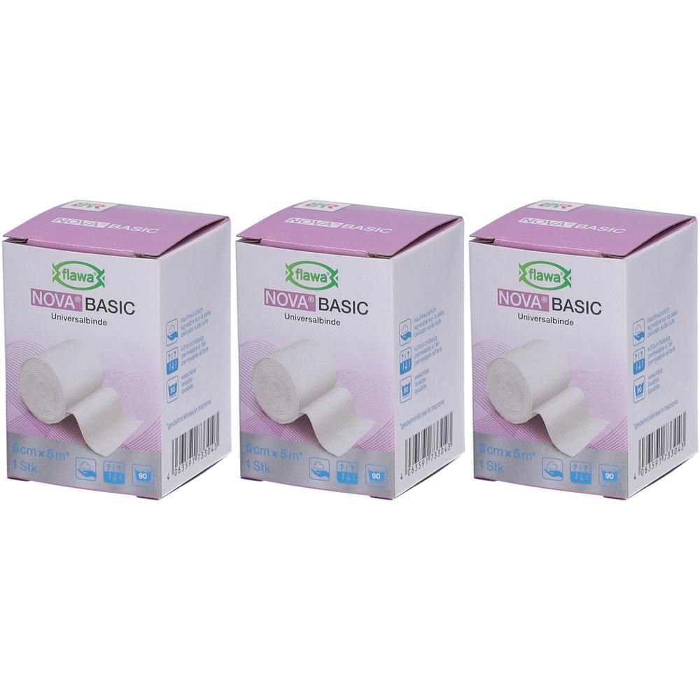Trois boîtes de bandages élastiques FLAWA Nova Basic, blancs.