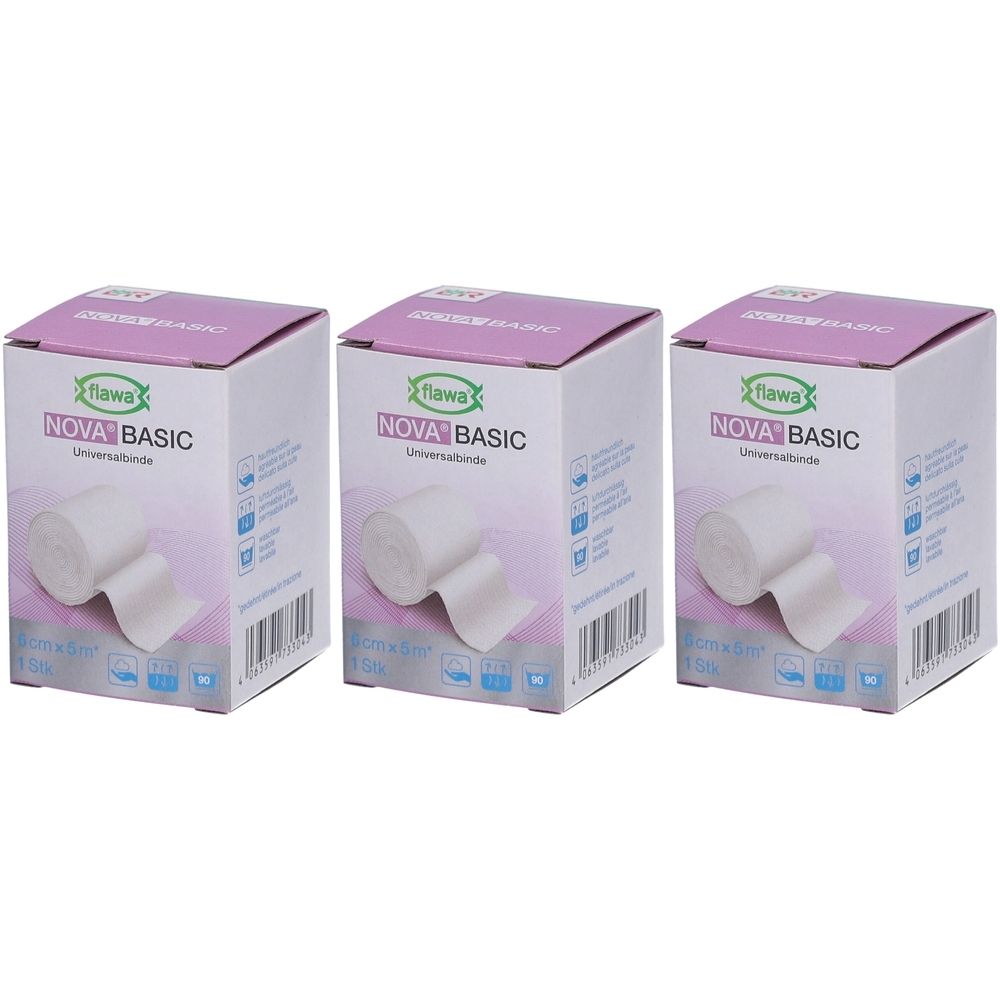 Trois boîtes de bandage FLAWA Nova Basic. Bandage blanc dans un emballage en carton. Impression: Nova Basic, 6 cm x 5 m.
